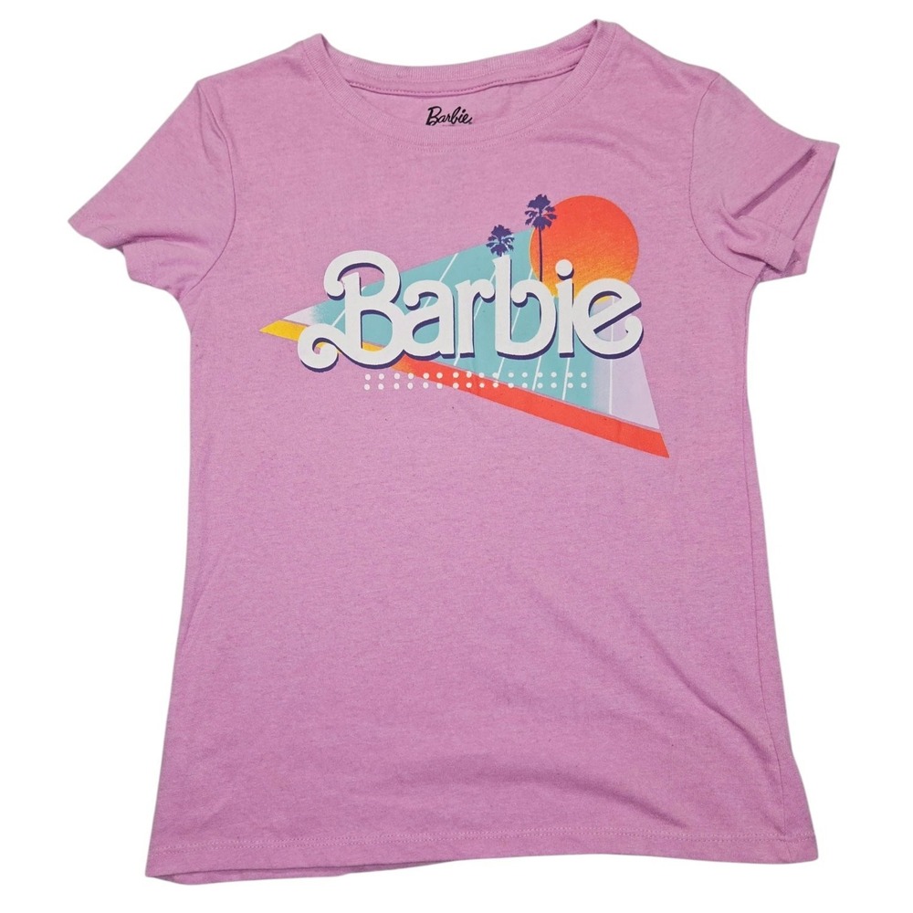 Barbie Shirt Womens Medium Pink Graphic Tee 80s Retro Sunset Palm Trees Mattel